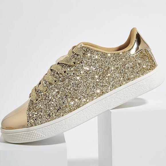 Glitter Shoes Sparkly Bling Shiny Bedazzled Lace up Fashion Sneakers for Women - Picture 4 of 6